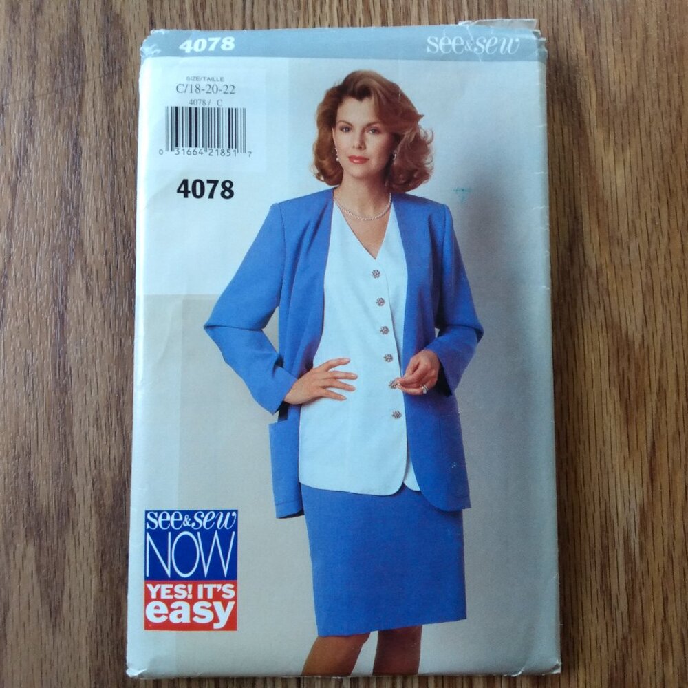 Plus Size 18-22 Jacket Skirt Top Sewing Pattern UNCUT See & Sew 4078 Vintage 90s